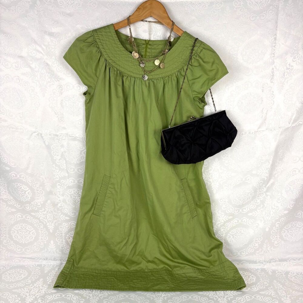 Mossimo Dress Green 1960s Mini Chore Shift Smock Pockets Mod Twee Babydoll S